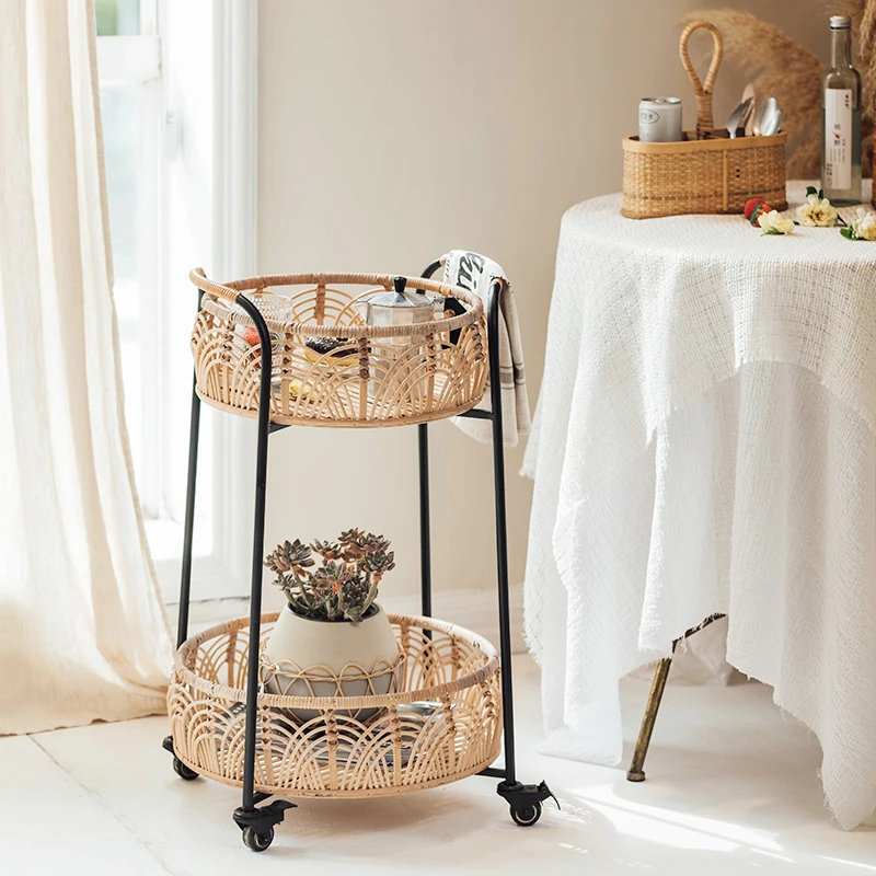 

French Rattan Mini Cart Nordic Freestanding Storage Rack Bohemian Style Dining Room Organizer Fresh Two-Tier Flower Stand