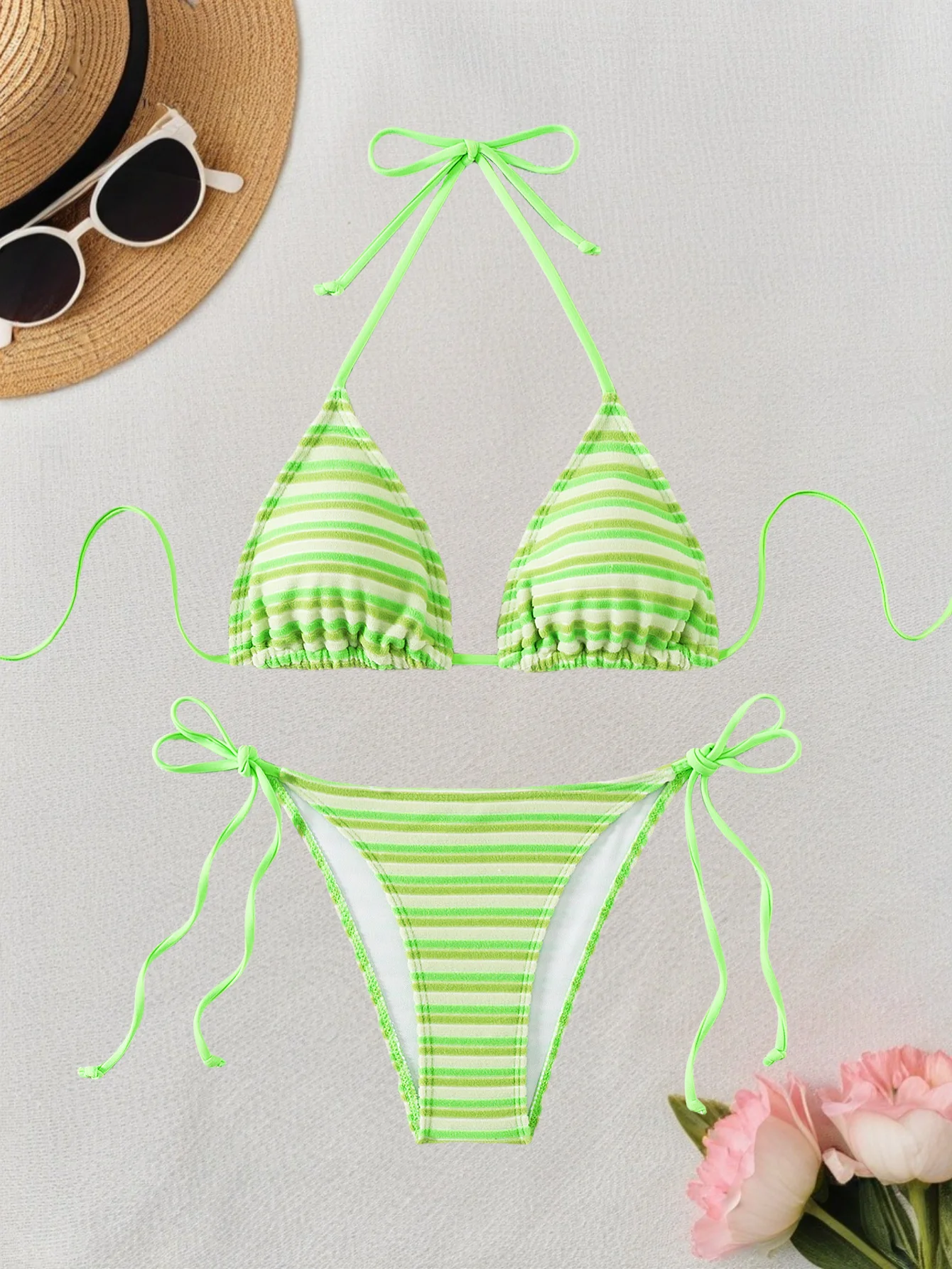 

Women's Striped Sexy Bikini Two Piece Swimsuit with Chest Pads Ladies Lace Up Halter Backless Bikinis Set Women Holiday Swimwear