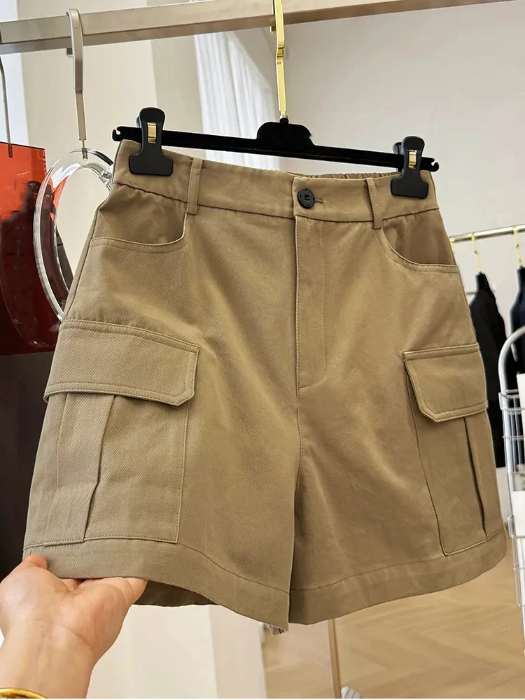 Oversized Khaki Cargo Shorts Women Summer High Waist Streetwear Pocket Wide Leg Shortsy2K Fashion All Match Straight Shorts