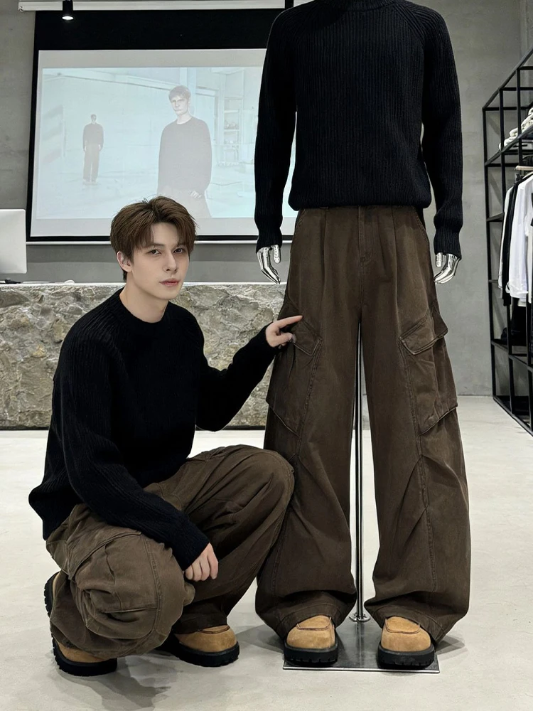 

Brown American Workwear Pants Men's Spring Casual Haome Straight Leg Jeans Loose Fit Cargo Trousers mid Waist Elastic