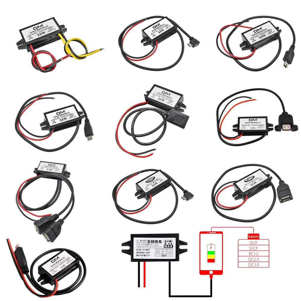 DC-DC понижающий преобразователь, модуль питания для автомобиля от 12 В до 5 В, 3 А, 15 Вт для автомобиля, мужской, женский, USB, мини-USB, микро-USB адаптер