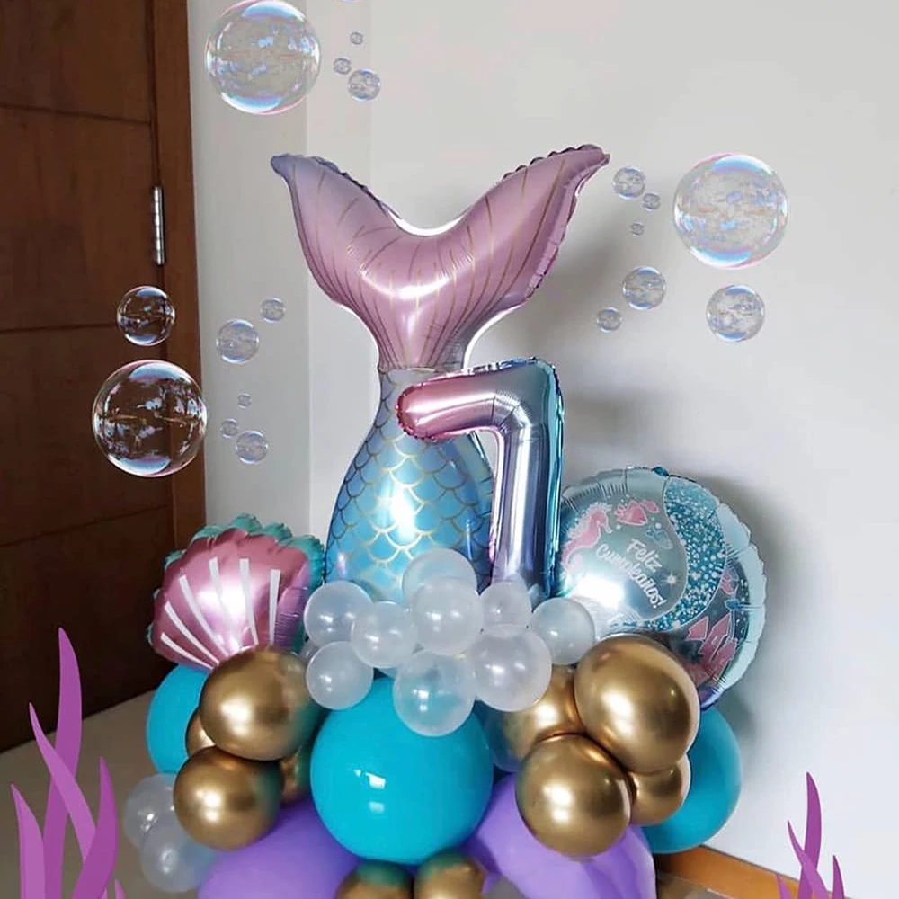 1set Mermaid Tail Party Balloons Number Foil Balloon 1st 2nd 3rd Girls Birthday Decor Balon Wedding Mermaid Shell Helium Globos