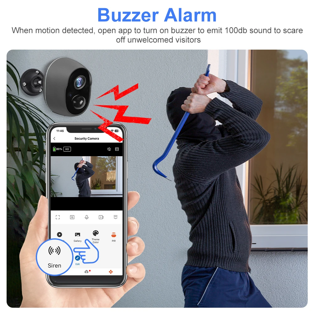 3MP Tuya Smart Life APP Rechargeable Battery Wireless WiFi Outdoor Solar Infrared Buzzer Siren Security Surveillance CCTV Camera