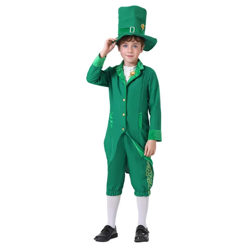 Kids Boys Girls Irish Leprechaun Green Fancy-dress Outfit St Patricks Day Party Costume Halloween Stage Program Perfoemance Wear