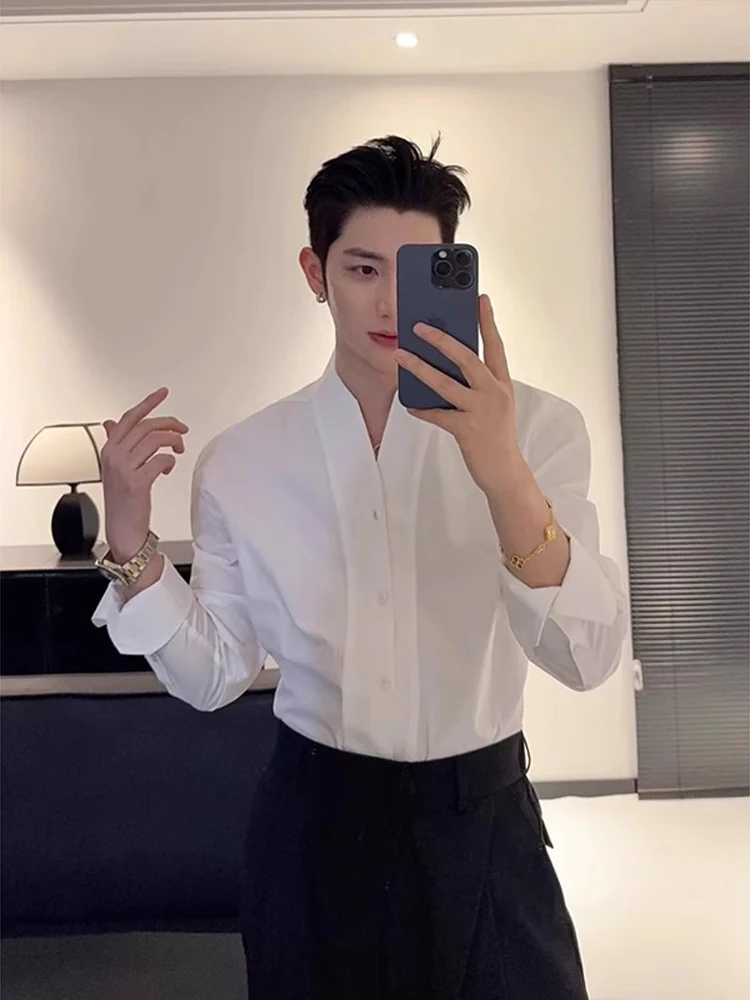 

Elegant V-Neck Padded Shoulder Men's Shirt Thin Breathable Slim Fit No Collar Casual Fashion Summer Top Quality Male Garment