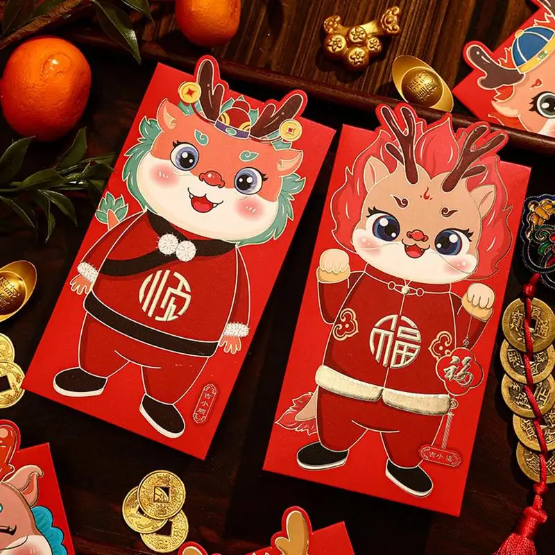 Chinese New Year Red Envelopes Lucky Money Red Envelopes 6 Pcs Gold Foil Thick Durable Cute Cartoon Red Packets Lunar Year Decor