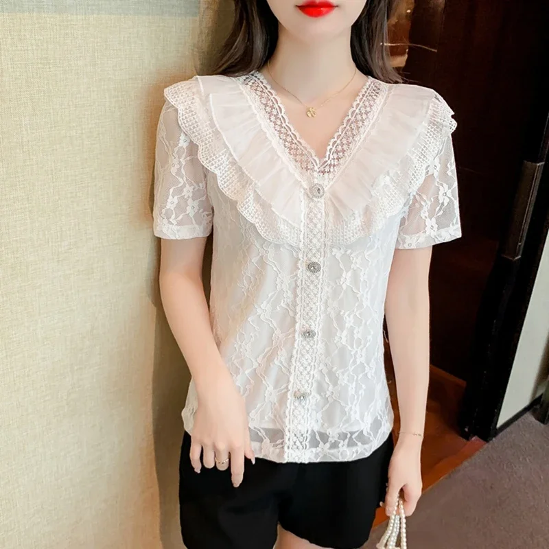 Summer White Lace Blouses 2024 Fashion V Neck Ruffles Casual Blusas Femininas Korean Style Clothes Slim Elegant Y2k Tops Mujer