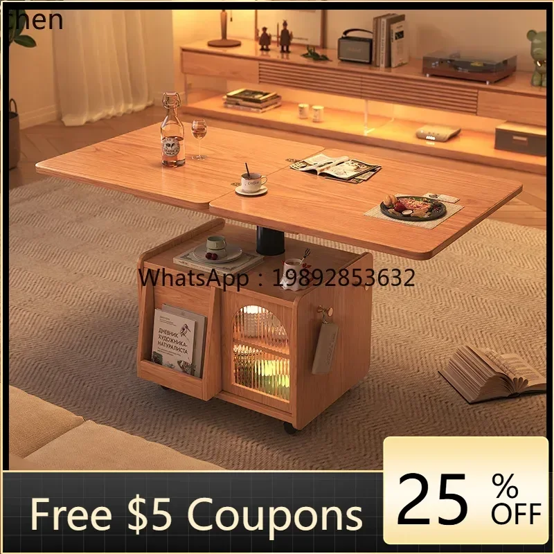 

AB modern simple all solid wood movable coffee table can lift tea table dining table