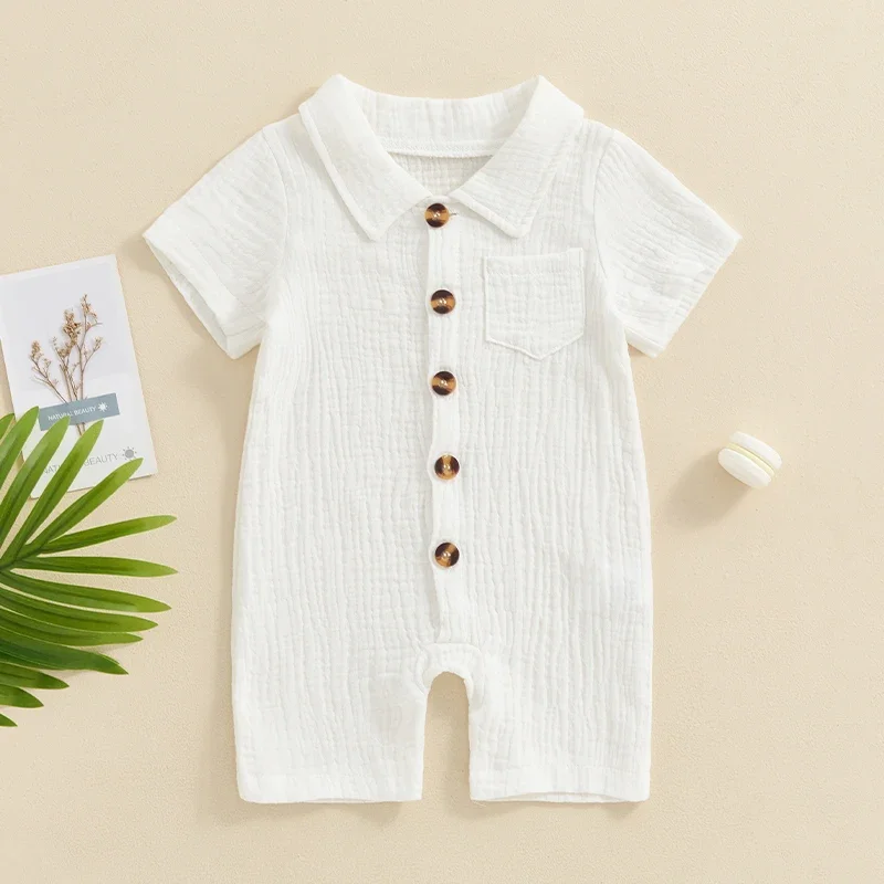 Infant Baby Boy Girl Summer Clothes Linen Solid Color Turn Down Collar Romper Short Sleeve Jumpsuit Bodysuit