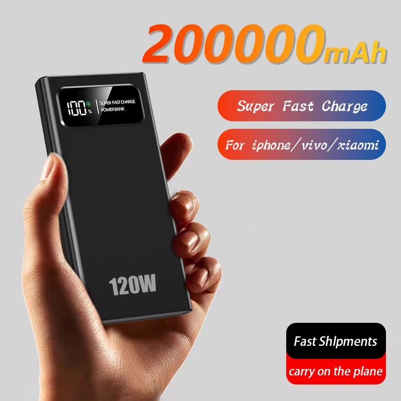 200000mAh 120W Power Bank Super Fast Charging Battery High Capacity Digital Display Power Bank For iPhone Samsung Huawei