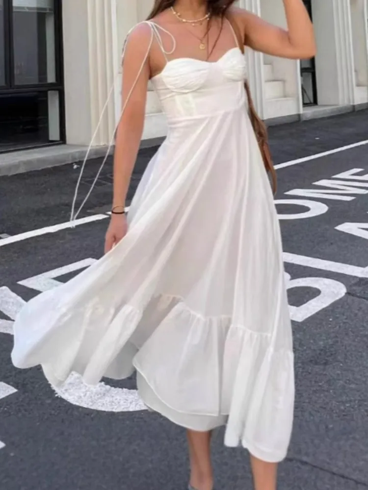 

Dresses 2025 Woman Elegant Temperament Solid Color High Waist Strap Dress Casual Simple Style Leace-up Fashion Trendy Vestidos