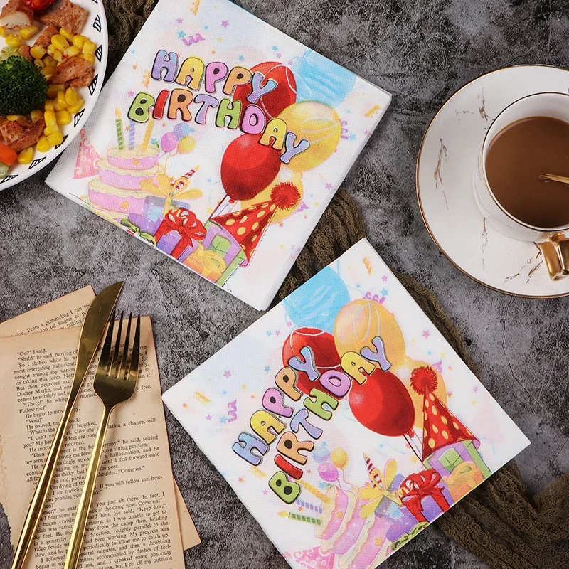 20pcs/Pac 33*33cm Cartoon Children's Colorful Paper Napkins Birthday Party Printed Napkins Cake Balloon Printed Facial Tissues