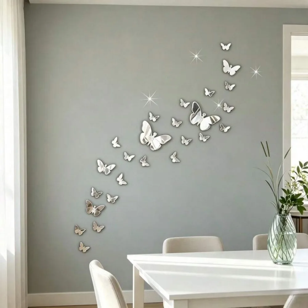 Removable Silver 3D Mirror Butterfly Wall Stickers, Custom Splicing DIY Wall Art Decals, 1 Pack,Set Includes 3 Sizes: Large 14*10 Cm, Medium 9*7.1 Cm, Small 5*3.5 Cm