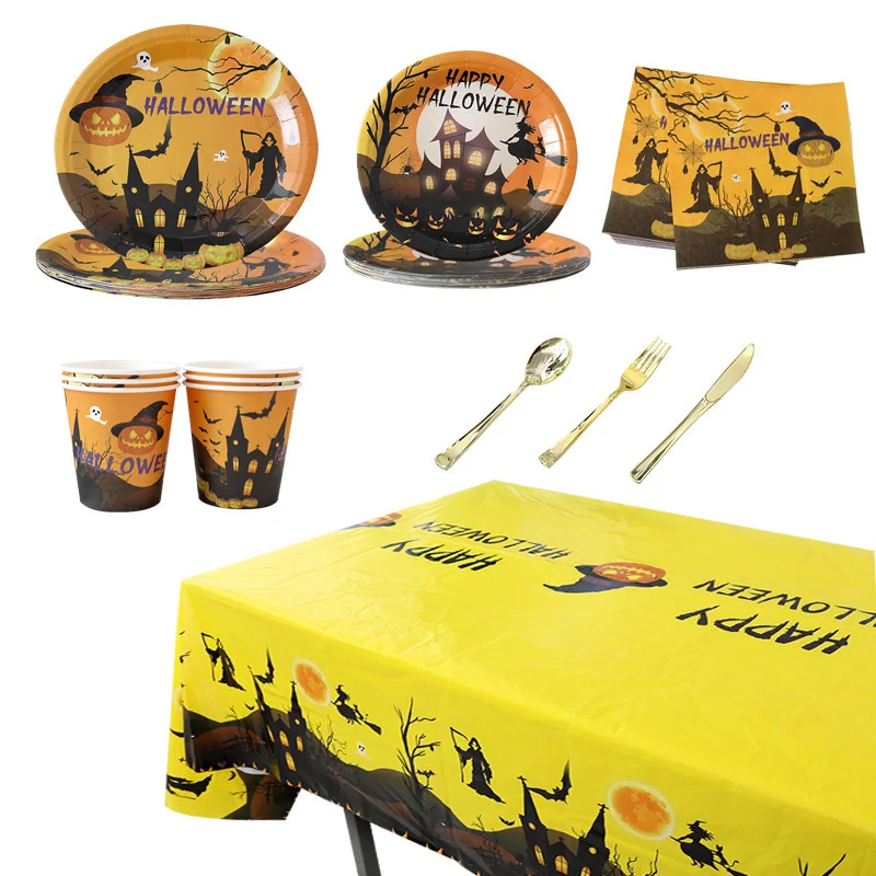 Halloween Disposable Cutlery Set Paper Plate Paper Cup Tissue Tablecloth Set Halloween Cutlery Party Decoration Set