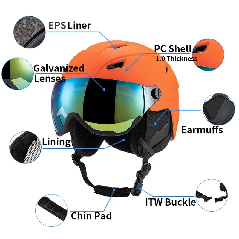 Capacete integralmente moldado com óculos, Capacete de esqui feminino, Snowmobile e Skate, esporte ao ar livre, homens e mulheres