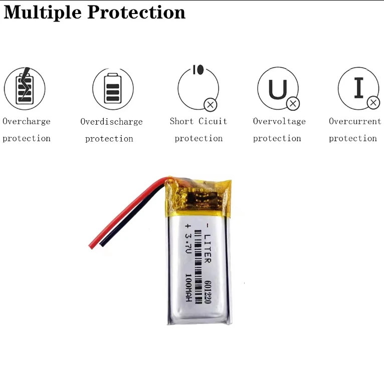Li polymer 601220 3.7V 100mAh lithium Polymer lipo battery with PCB and wire