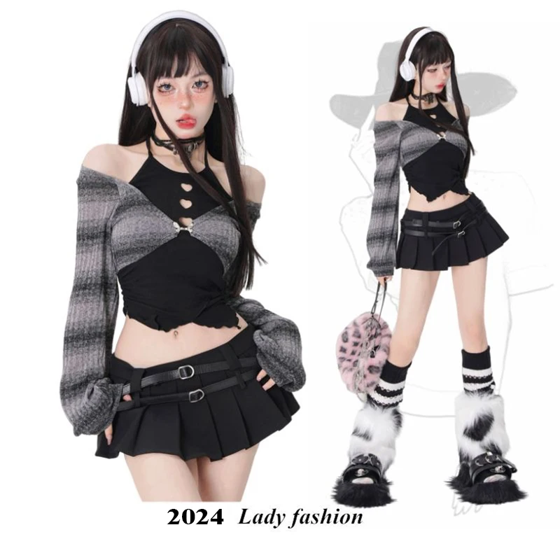 2024 Spring Autumn Two Pieces Skirt Set Women Y2k Crop Tops T-shirt + Short Skirt Japanese Kawaii Fashion Suits Chic New Korean