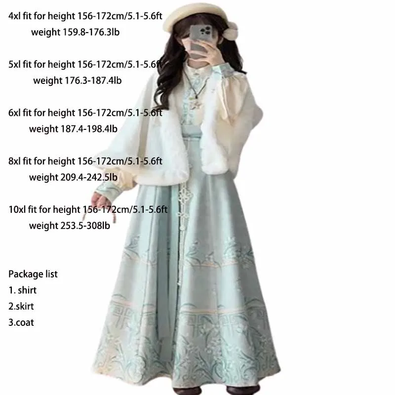 Oversized Women Winter Hanfu Dress Chinese Lunar New Year Costume White Thickened Short Coat Inner Top with Skirt 3pcs Hanfu Ses