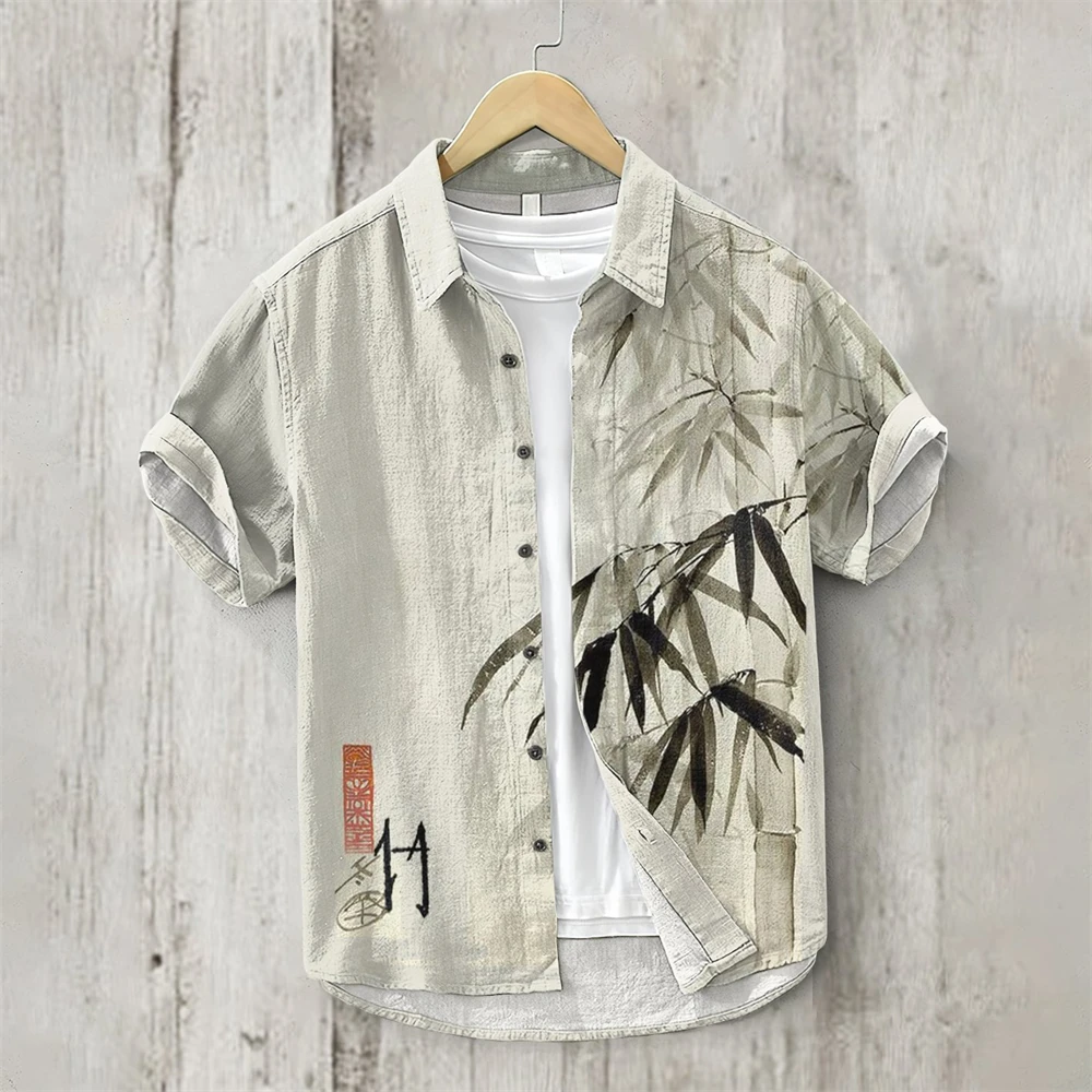 

Summer Men's Short Sleeve Shirt Printed Linen Blended Clothing Chinese Retro Casual Breathable Quick Dry Lapel Men's Tops