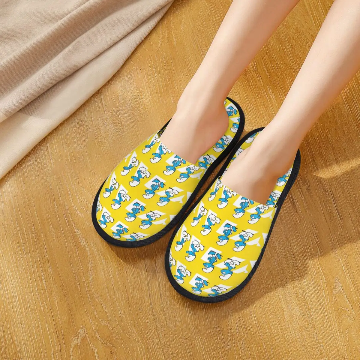 Chaussons de dessin animé en fourrure coordonnants pour la maison, les S-Schtroumpfs, les diapositives d'anime des années 90, bleu, intérieur, doux, hiver