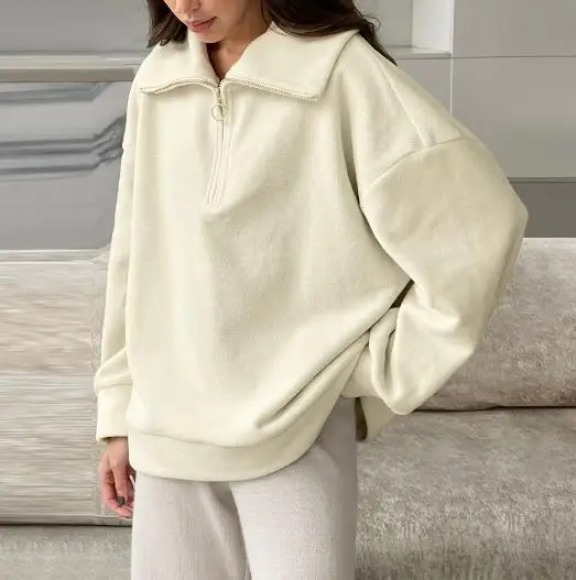 

Autumn and Winter Style Knitted Cashmere Beige Loose Casual Lapel Sports Women's Top Solid Color Long Sleeved Casual Top