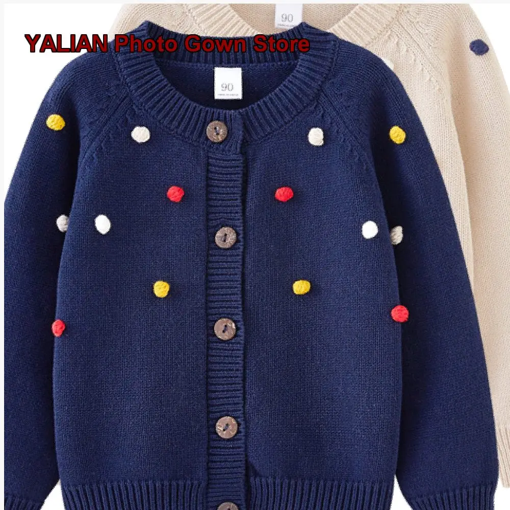 girls-long-sleeved-round-neck-knit-coat-kids-autumn-handmade-colorful-ball-knit-top-long-sleeves
