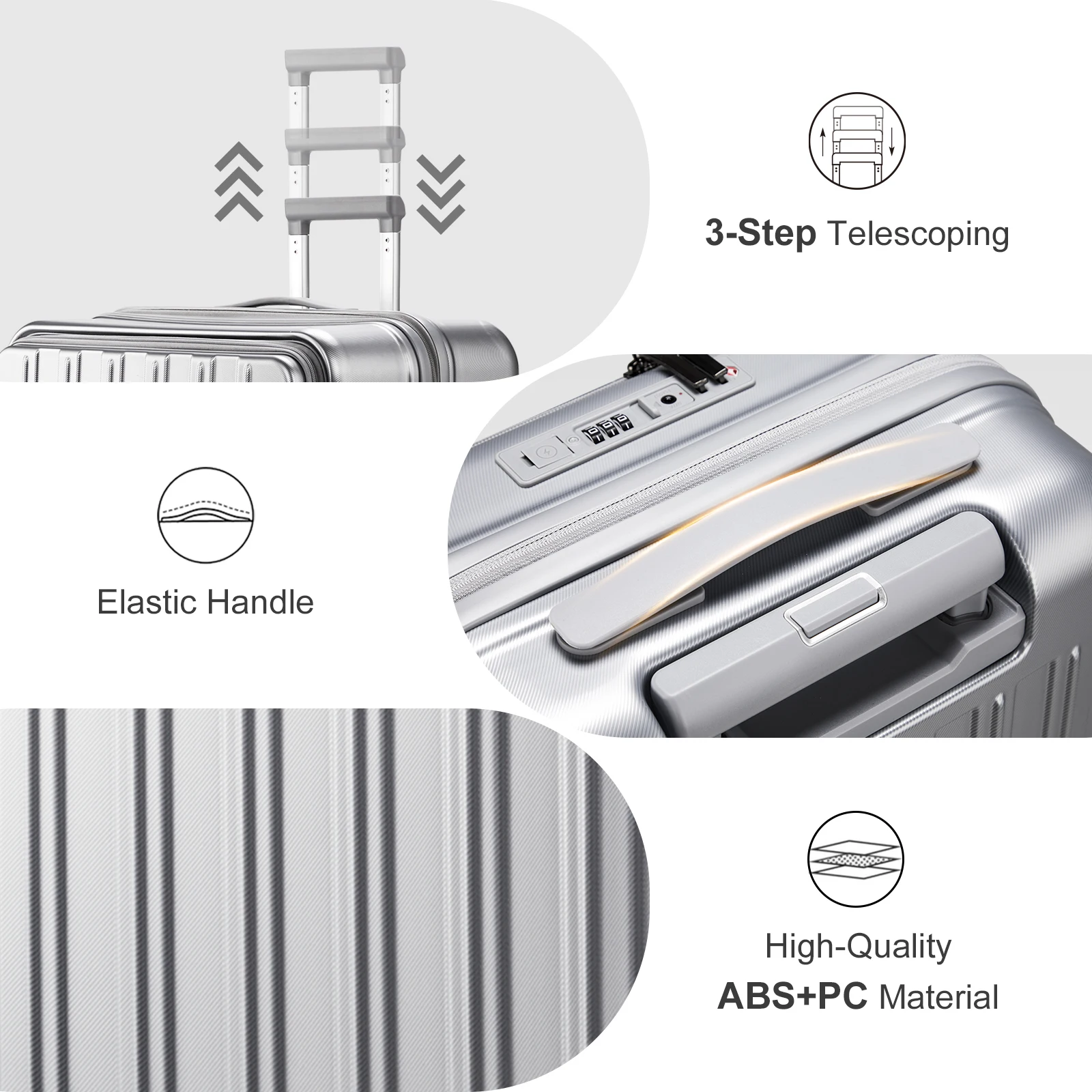 22 × 14 × 9 companhia aérea aprovada com porta USB, ABS + PC bagagem de 20 polegadas com compartimento frontal, rodas giratórias duplas, trava TSA, prata