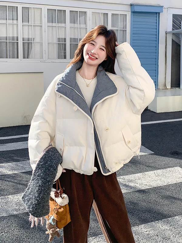 Giacca Imbottita da Donna Reversibile con Collo Alto, Stile Tartan, Nuova Collezione Invernale 2025, Design Coreano Giovanile e Caldo