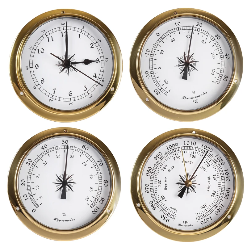 4 pcs/set  Brass Case Traditional Weather Station Barometer Temperature Hygrometer  Humidity and Clock (White Dial) 115mm B9115