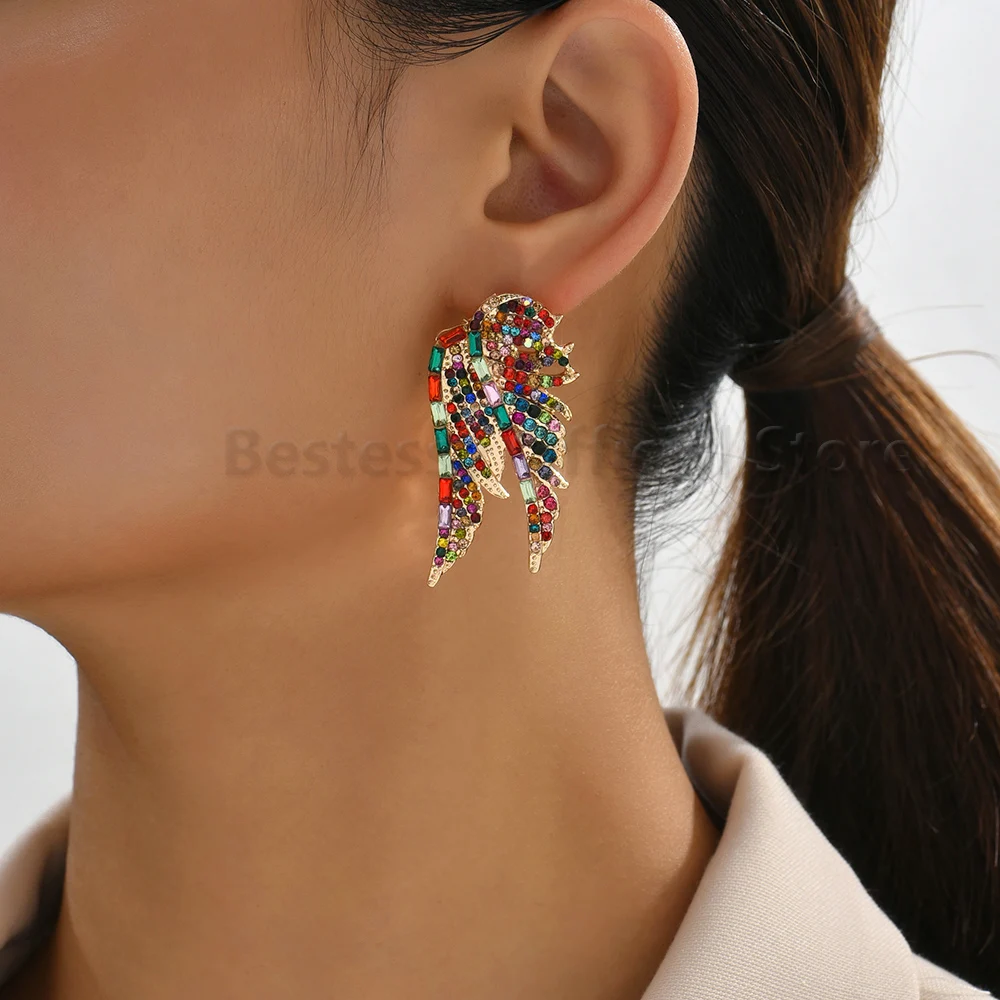 Vintage Big Wings Stud Earrings For Women Trend Luxury Colorful Crystal Metal Piercing Ear Accessories Party Particular Jewelry