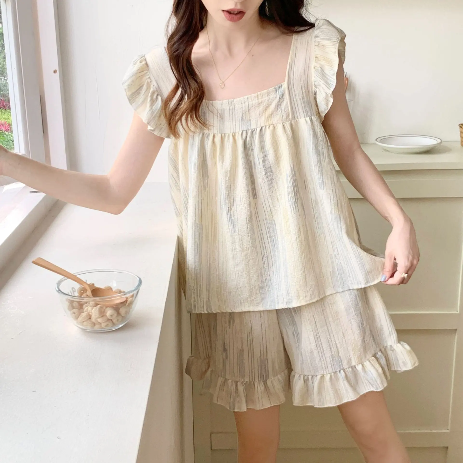 

Ins Summer Sleep shirts Trousers Sets Sleepwear korean reviews Many Pajamas Plus Size 2 Piece Set Outfit Cotton Women's pajamas