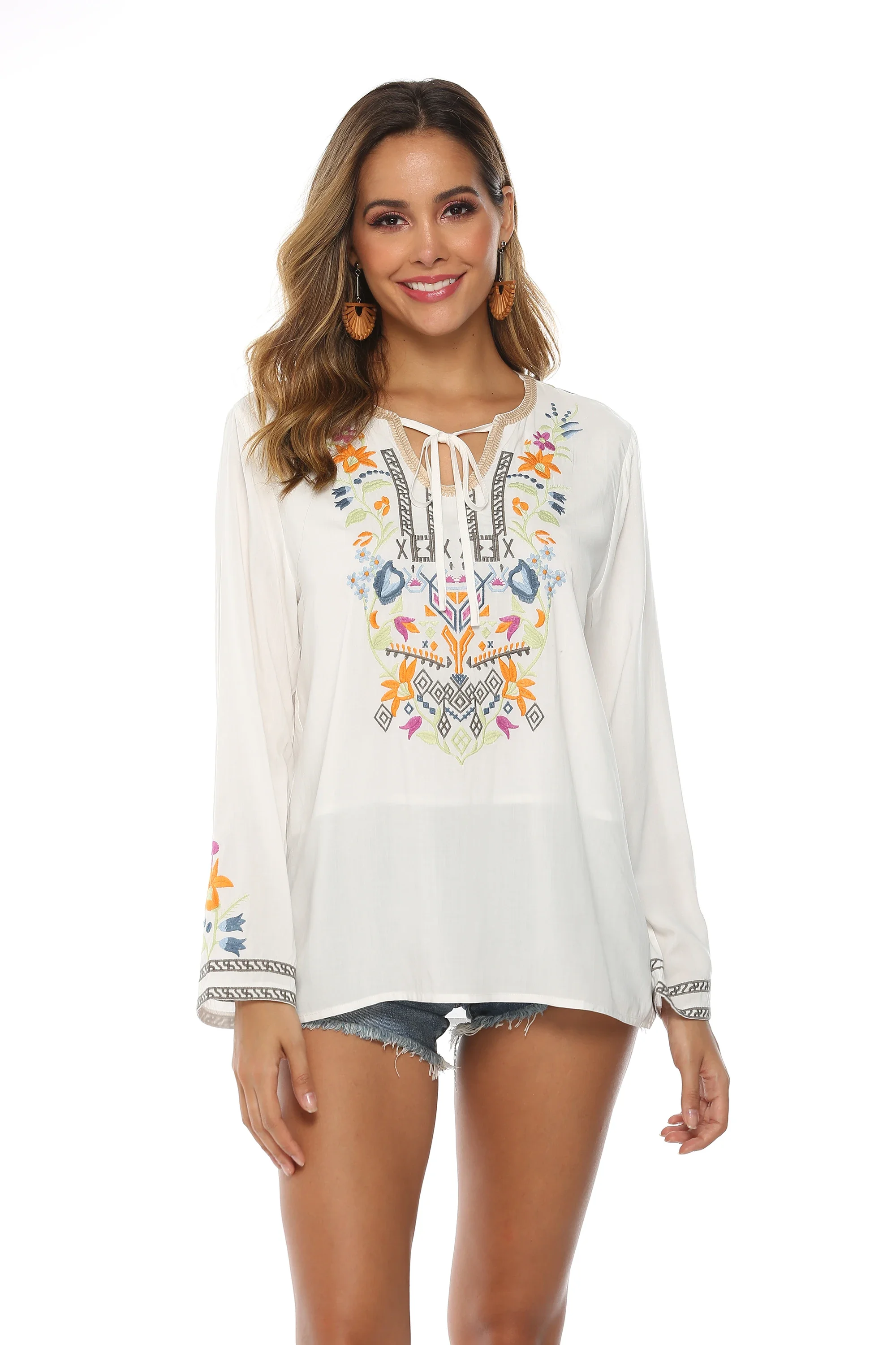 Eaeovni White Floral Embroidery Blouses Shirt Women Cotton Boho Mexican Shirt Long Sleeve Shirt