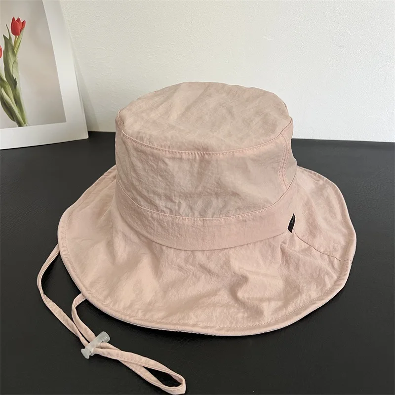Dongdaemun Style Flat Top Nylon Bucket Hat Quick Dry Wide Brim Sun Cap Adjustable Wind Rope UV Protection Travel Safari Hat