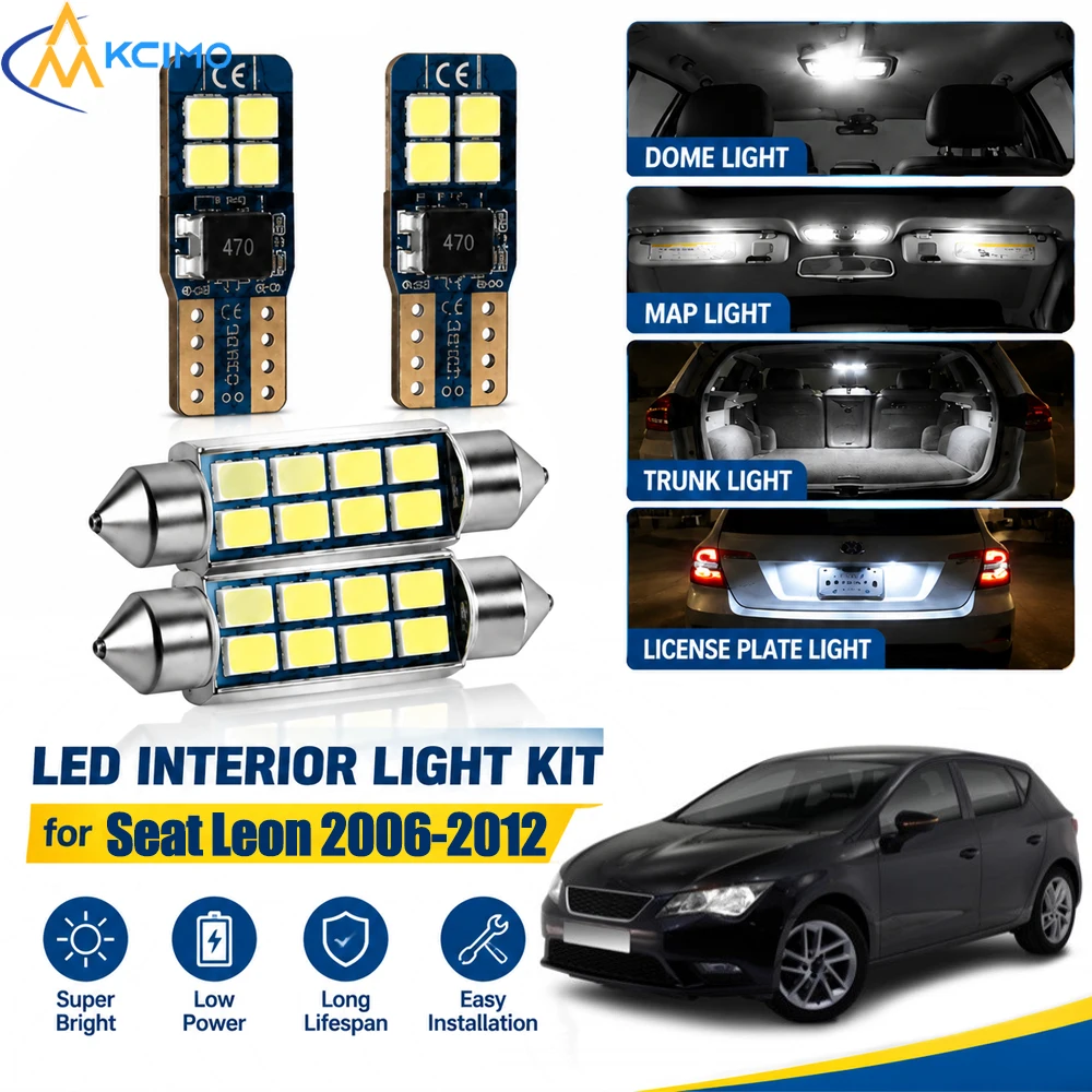 For Seat Leon 2 MK2 1P 2006-2012 Canbus Interior LED Light Kit, 6000K Dome Vanity Reading Lamps, Error‑Free Easy Installation