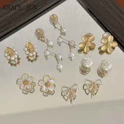 GRACE JUN New Arrival Flower Heart Clip on Earrings Women's Fashion Mosquito Coil Cuff Earrings Pearl Rhinestone Charm Ear Clip