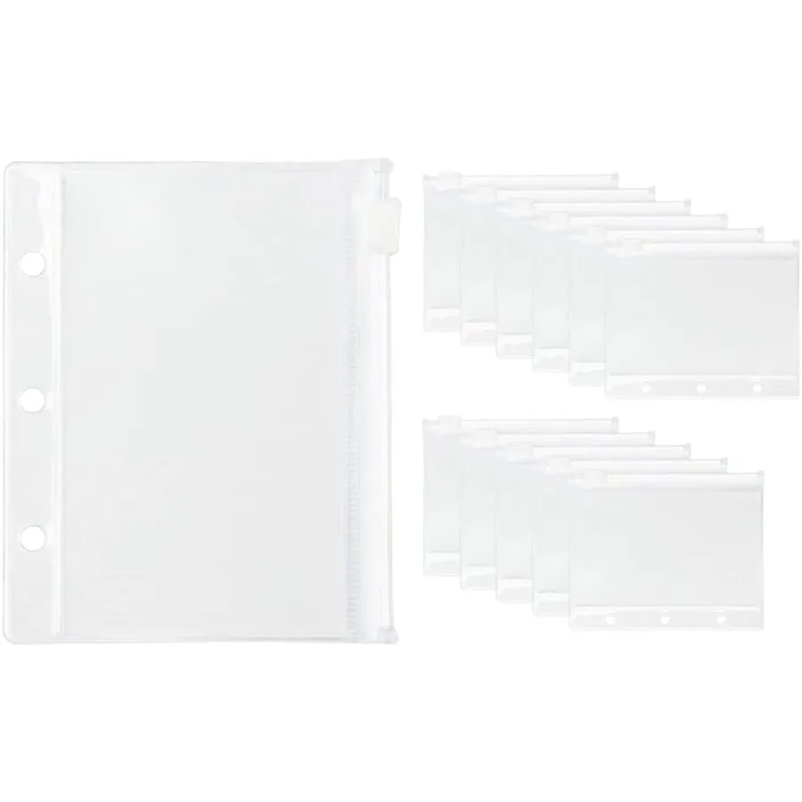 12 pacotes de bolsos fichários transparentes, mini tamanho, zíper, bolsa à prova d'água, folhas soltas, 3 furos, bolsos fichários com zíper para Jourl B