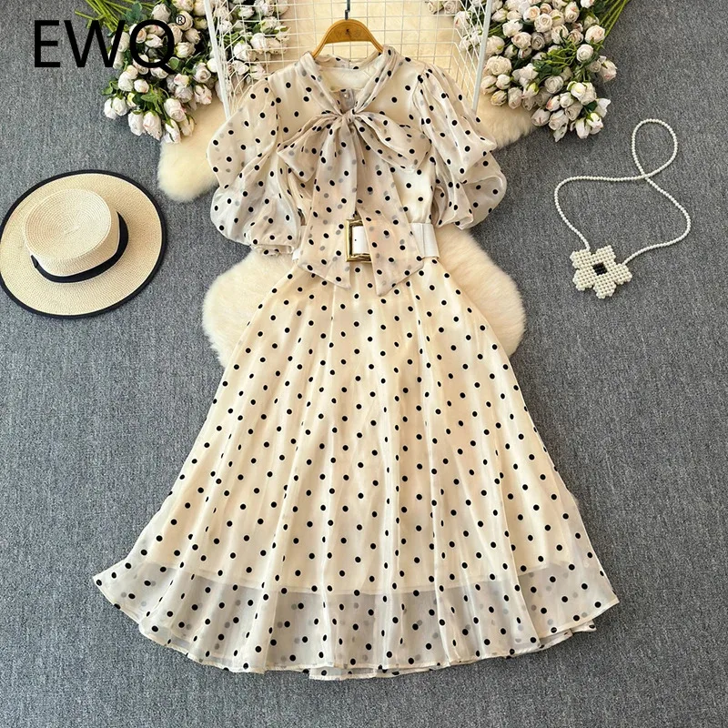 

EWQ Fashion Dot Print Belt Dress For Womenbow Lace-up Gathered Waist Short Sleeved A-line Dresses 2024 Summer New27X200