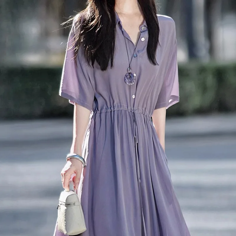 Seidenhemdkleid Hochwertiger kurzärmliger langer Rock Hangzhou Damen Sommer