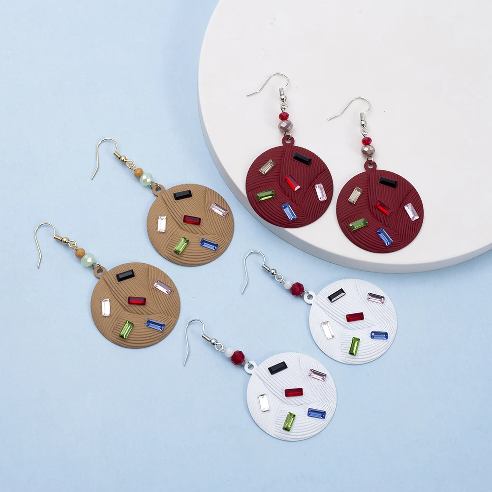 

New Trendy Geometric Round Spray Paint Vintage Earrings For Women 2025 Gorgeous Colorful Rhinestone Earrings Red Khaki White