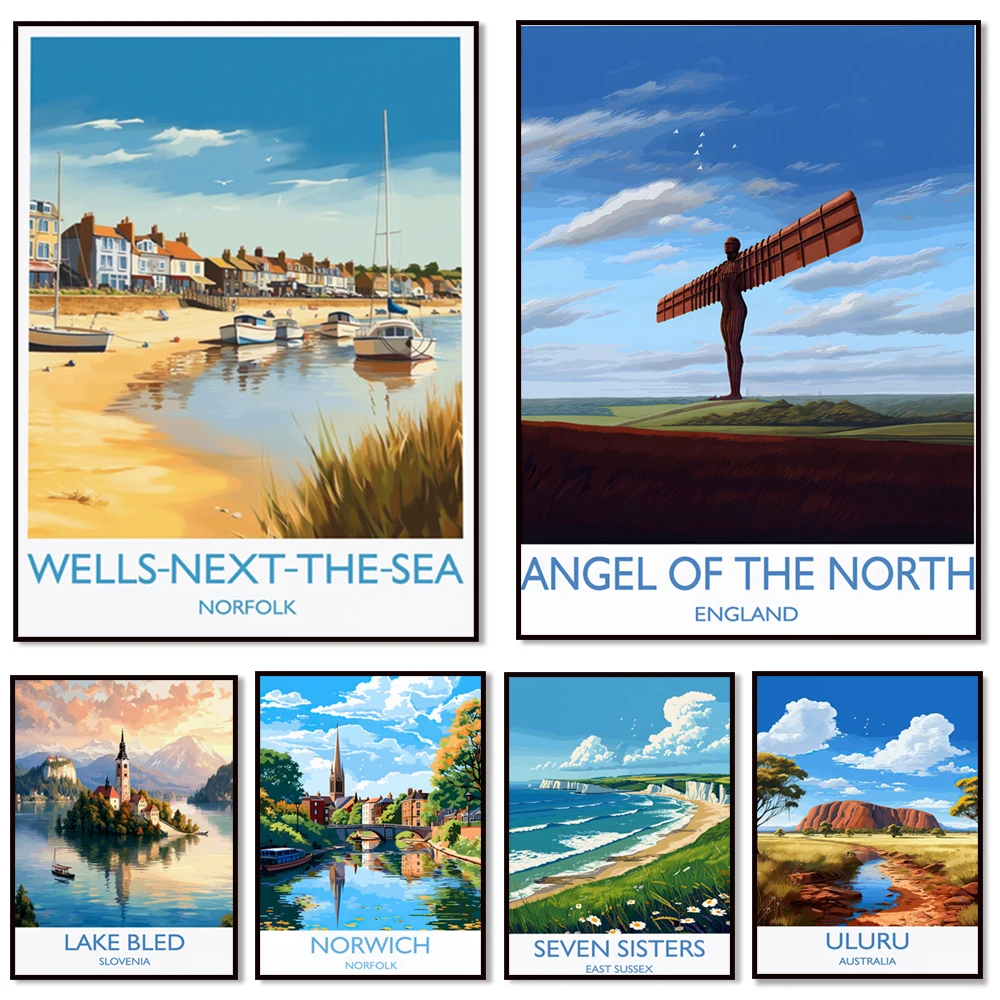 Lagos de Norfolk, Cinque Terre, Uluru, Richmond Park, Ángel del Norte, Korcula, Siete Hermanas Sussex Oriental, cartel de viaje Norwich