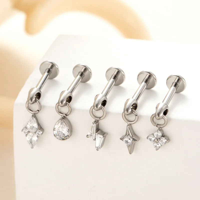 1PC ASTM F136 Titanium Legering Spike Drop Platte Achterkant Earring Stud Intern Schroefdraad Oor Helix Hanger Kraakbeen Piercing Sieraden