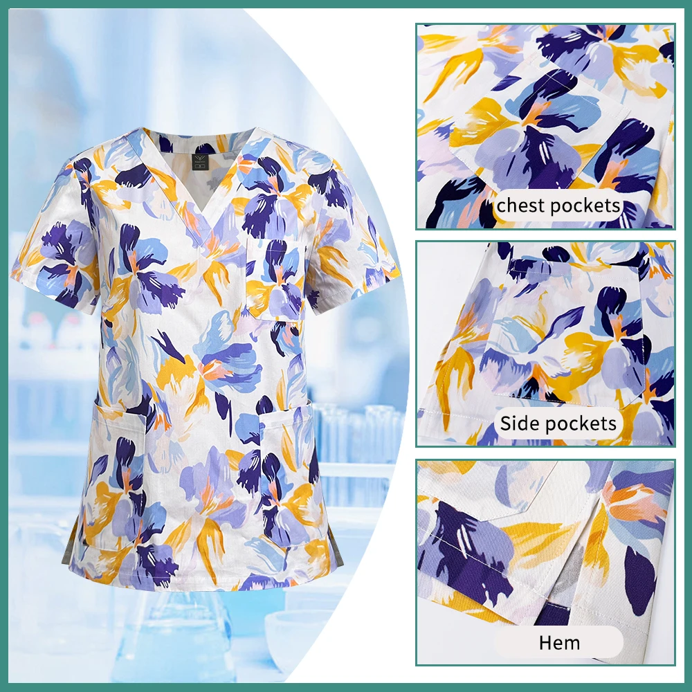 プリント手術服女性男性ポケットスクラブトップ + パンツ医療ナース制服美容サロン作業服小児科臨床スーツ