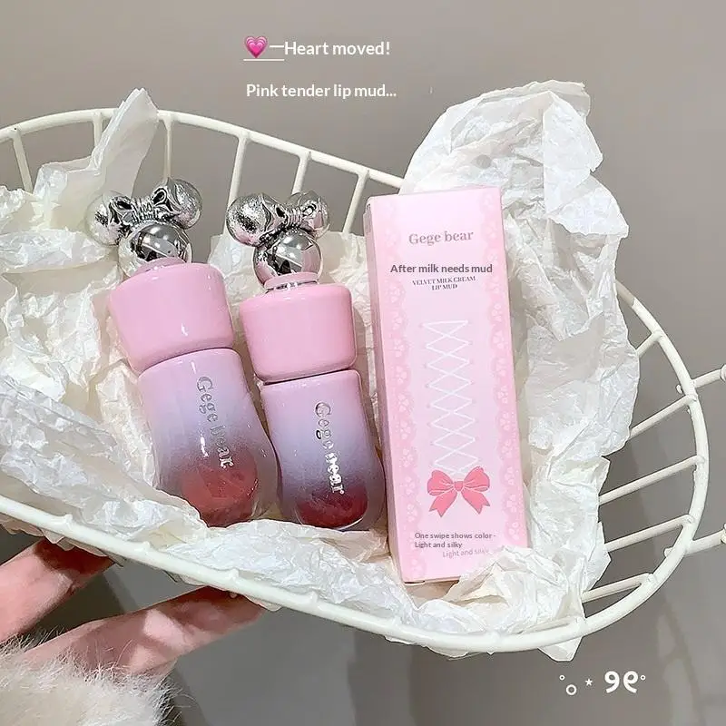 ゲゲベア キュートボウ リップグレイズ、マットベルベットリップクレイ 長持ちカラー ノンドライリップスティック 女性用リップグロス コスメ