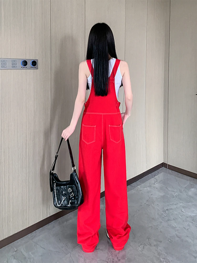 Women's Vintage Red Jumpsuits Denim Jumpsuit Y2k Harajuku Overalls Korean Streetwear High Waist Wide Leg Jean Pants Clothes 2024