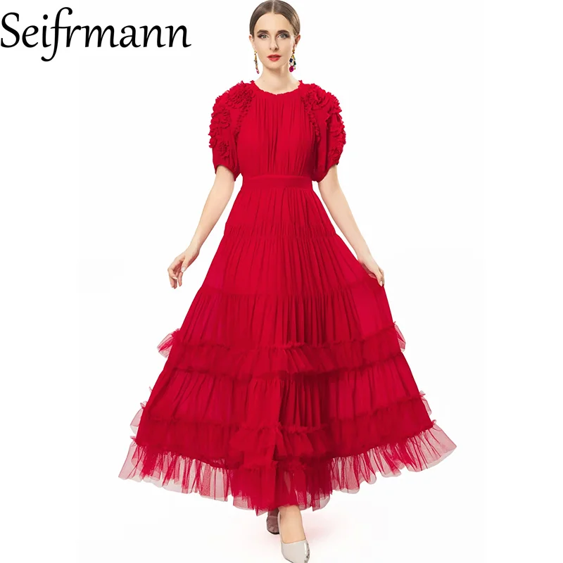 

Seifrmann 2026 Summer Women's New Fashionable Round Neck Short Sleeve Mesh Waist cinching Long Dress