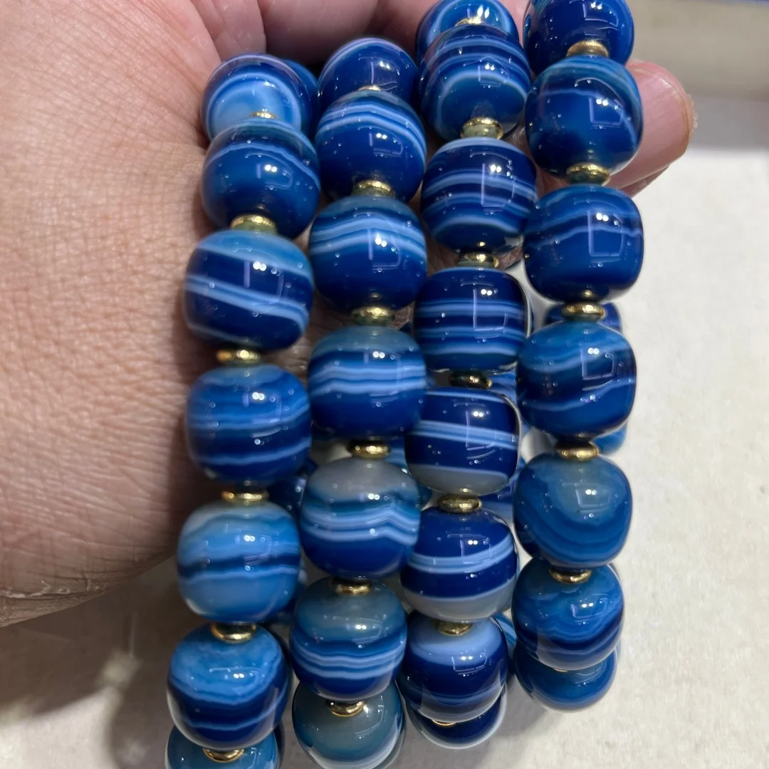 1pcs Natural Blue Striped Agate / Single-Line Pharmacist Round Beads / Black and White Chopped Bead Vintage Style Bracelet