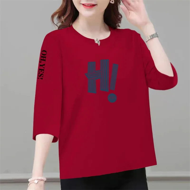 

Loose Fit Mom T-Shirt Women's plus Size Belly Covering Mid-aged And Elderly Seven-eighth Sleeve round Neck Slimming Top
