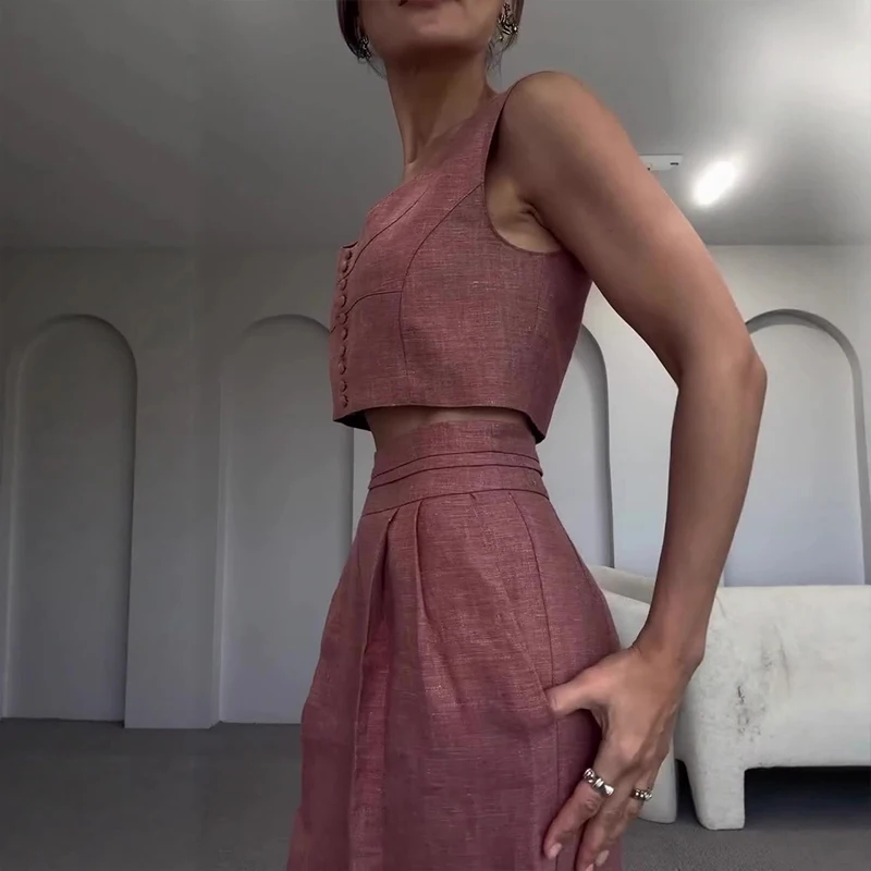 

Office Elegant Commuter Straight Pant Set Casual O-neck Sleeveless Vest & Pocket Pant Suit Women Fashion Button Long Pant Outfit