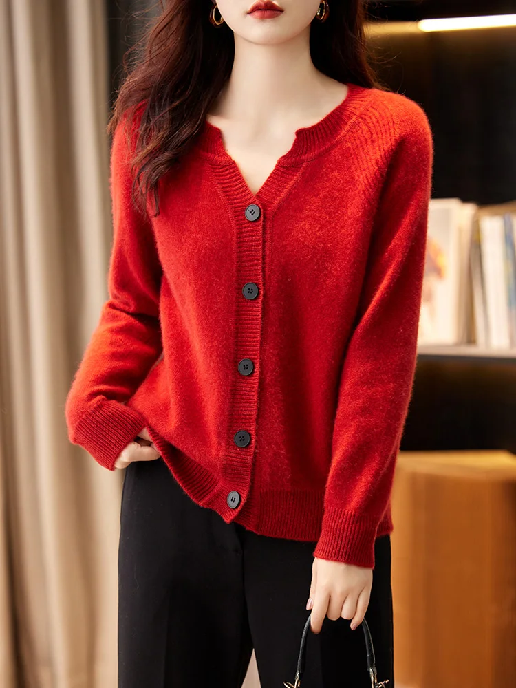 

New Women V-Neck 100% Merino Wool Cardigan Preppy Style Cashmere Sweater Spring Autumn Buttoned Knitwear Long Sleeve Korean Tops