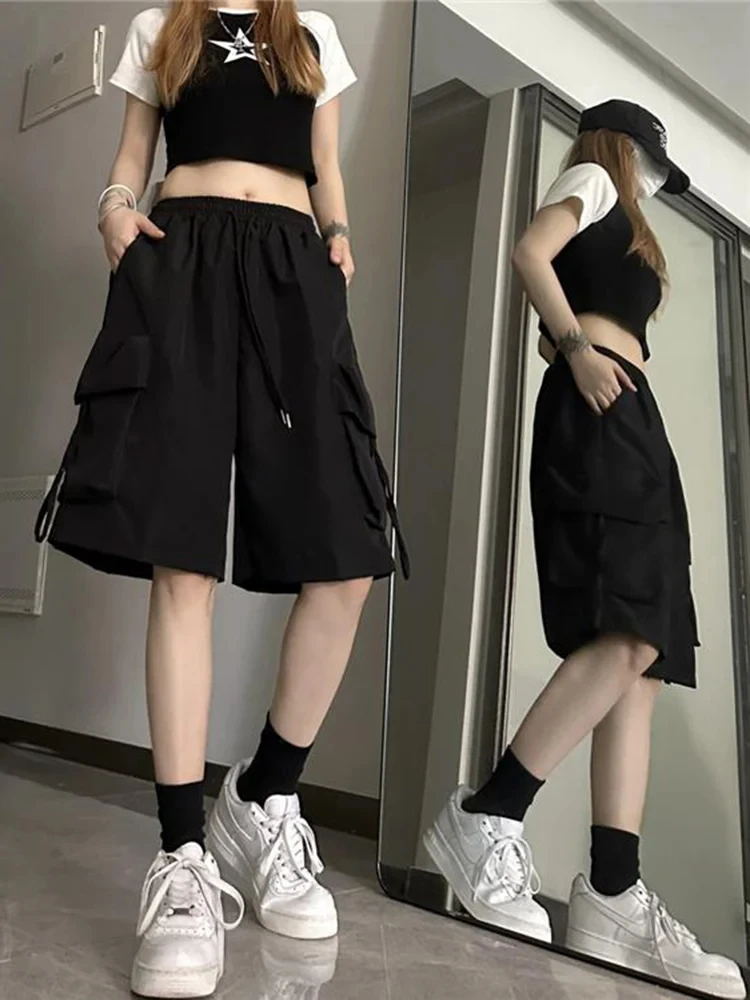 Y2K Summer Women Vintage Streetwear Korean Casual Shorts High Waist Knee Length Wide Leg Baggy Cargo Pockets Short Pants Clothes